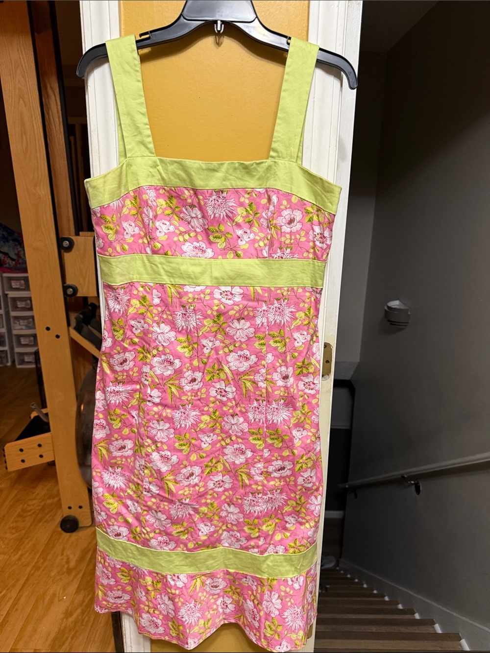 Citrine Pink Floral Sundress with Lime Green Trim Size 12 Made in Canada